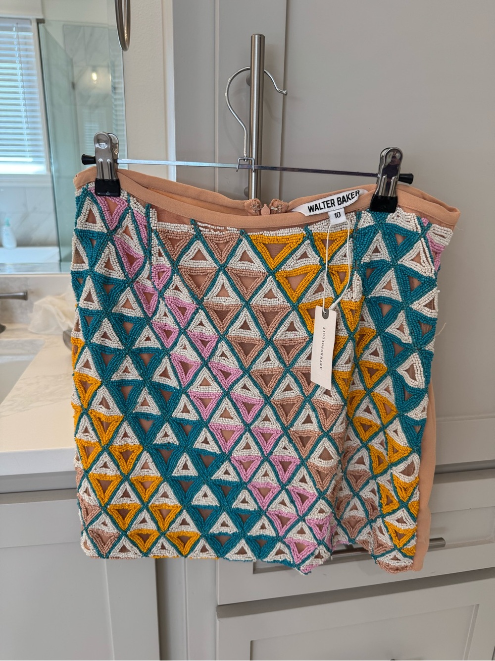Walter Baker Teal Pink Mustard Geometric Beaded Mini Skirt